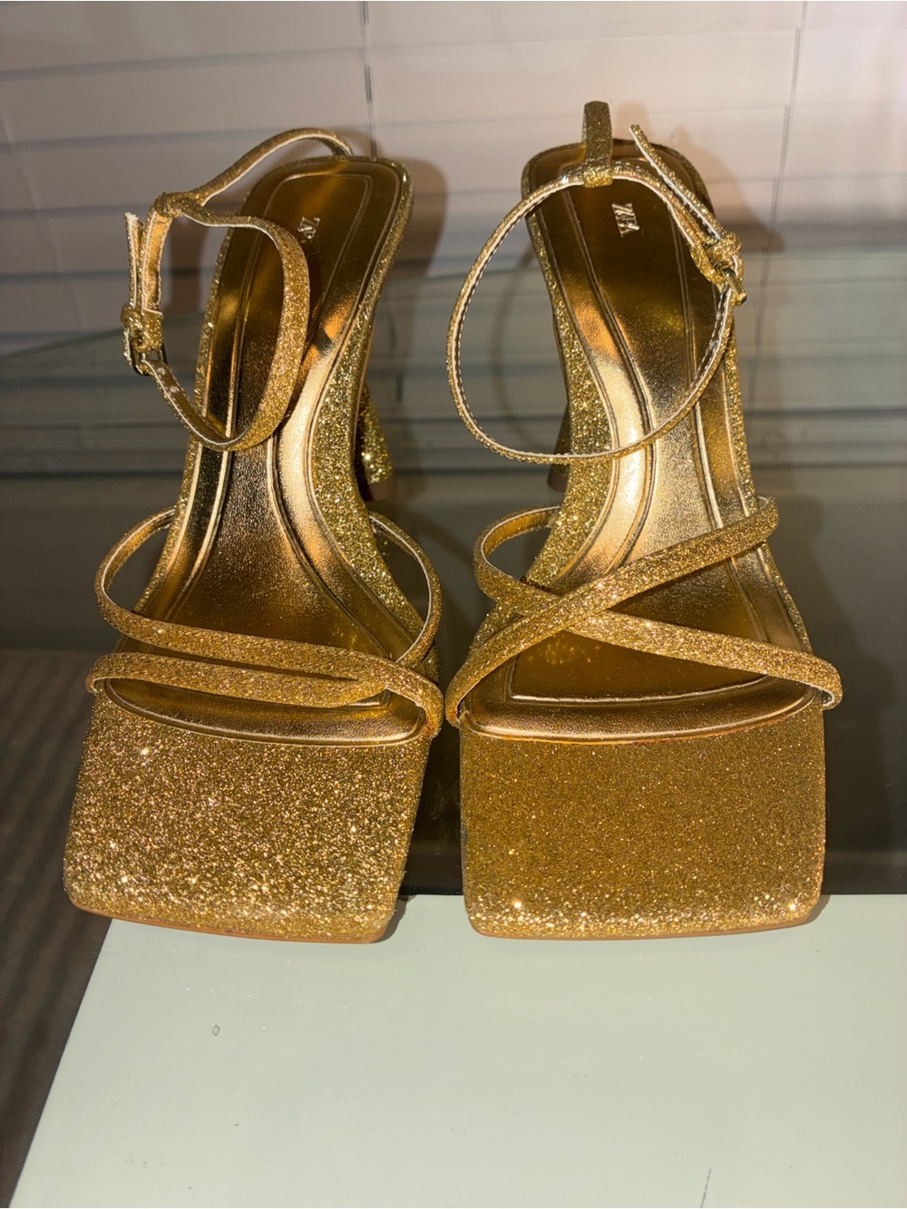 Zara Gold Glitter Square-Toe Strappy Sandals